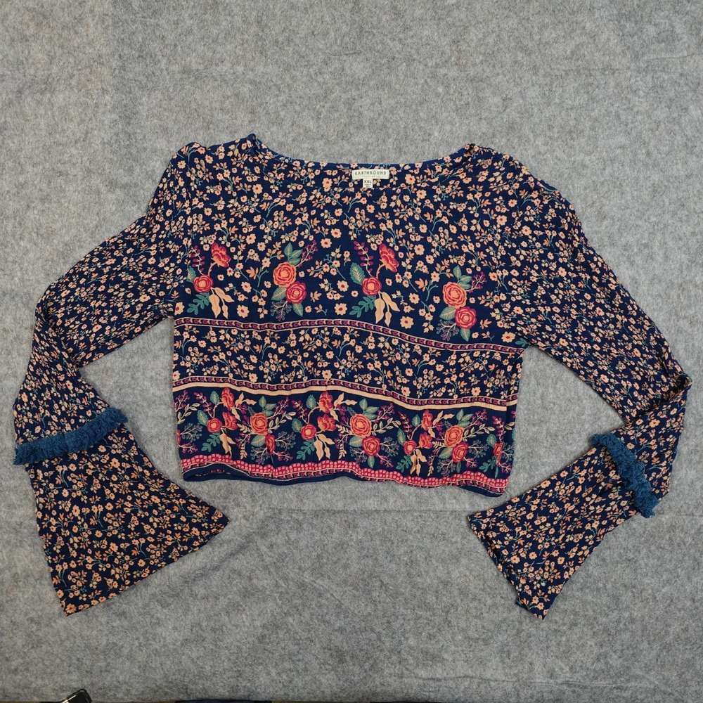 Earthbound Top Womens XXL Cropped Bell Sleeve Floral Boho Hippie Fringe Navy